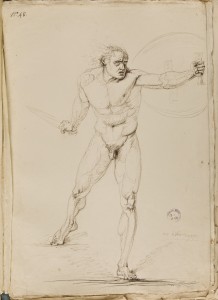 Nudo stante di prospetto con le gambe divaricate, in atto di reggere uno scudo con il braccio sinistro proteso, con un gladio nella mano destra Bassano del Grappa, Museo-Biblioteca-Archivio, inv. D1 48.617